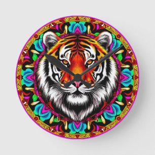 Reloj Redondo Mediano Retrato de tigre con diseño de mandala