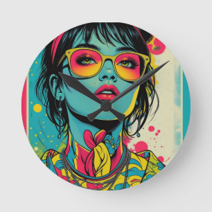 Reloj Redondo Mediano Retrato Neon Pop Diva - Arte Retro Audaz y Vibrant