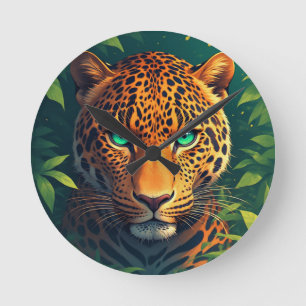 Reloj Redondo Mediano Retrato vibrante de leopardo con ojos esmeralda