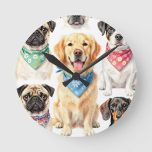 Reloj Redondo Mediano Retratos de cachorros lindos en bandana Collage Ac
