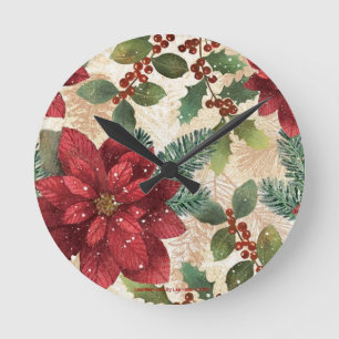 Reloj Redondo Mediano Retro 50s Flor de Nochebuena Rojo Verde Crema