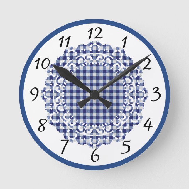 Reloj Redondo Mediano Retro Blue Gingham (Anverso)