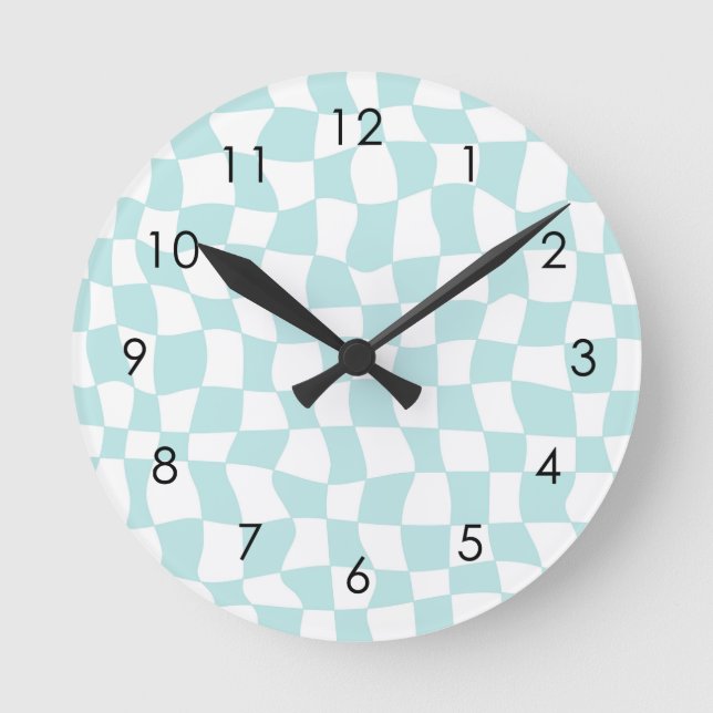 Reloj Redondo Mediano Retro Groovy Pastel Blue Check ered   (Anverso)