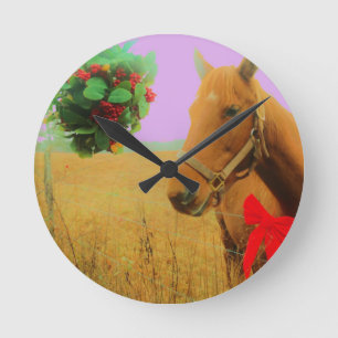 Reloj Redondo Mediano Retro pink sky Christmas Horse
