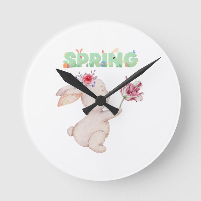 Reloj Redondo Mediano Retro Spring Bunny with Tulip Graphic Tee (Anverso)