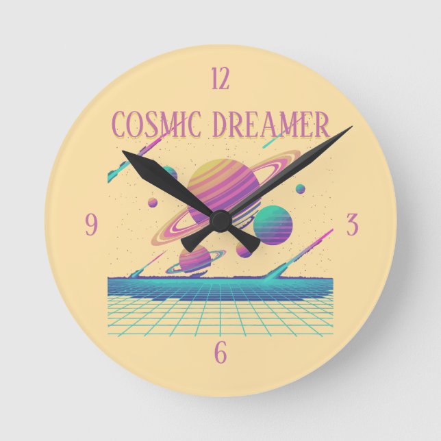 Reloj Redondo Mediano Retro Vaporwave Planets Synthwave (Anverso)