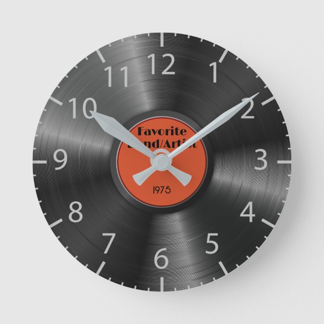 Reloj Redondo Mediano Retro Vinyl Grabar música de banda favorita (Anverso)