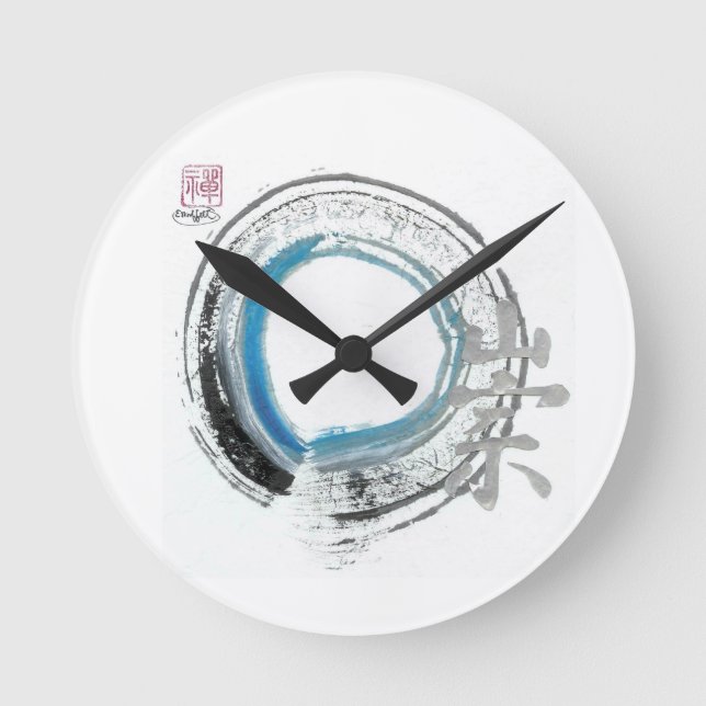 Reloj Redondo Mediano Reverencia del zen, Enso [azul, negro, tonos (Anverso)