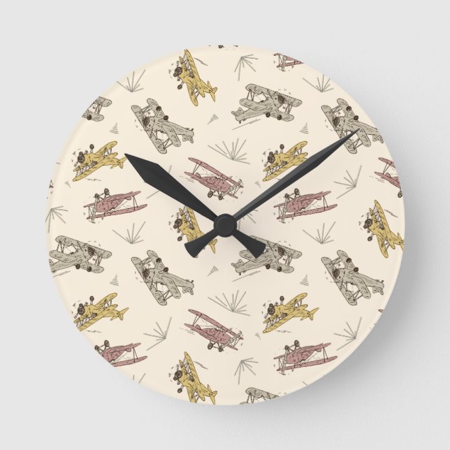 Reloj Redondo Mediano Roaring Art Deco Bi-planos - patrón amarillo rojo. (Anverso)