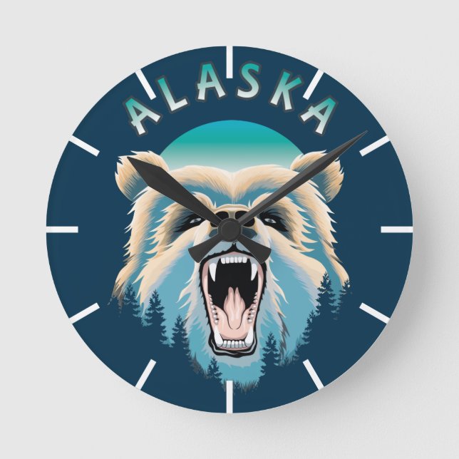 Reloj Redondo Mediano Roaring Grizzly Bear Face - Alaska Wildlife (Anverso)