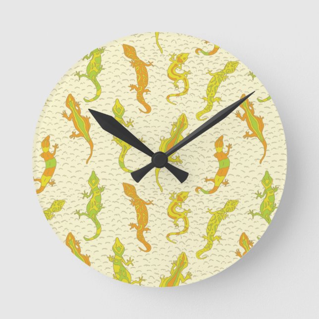 Reloj Redondo Mediano Rock Climbing Geckos on yellow - seamless pattern. (Anverso)