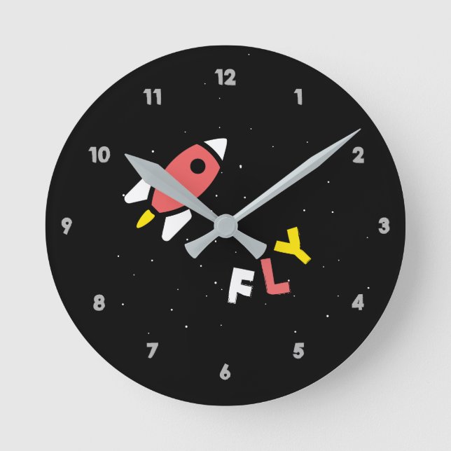 Reloj Redondo Mediano Rocket - Arte pop abstracto rojo y amarillo. ¡FLY! (Anverso)