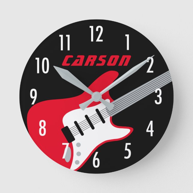 Reloj Redondo Mediano Rockstar Guitarra Roja y Negra Monograma Nombre ni (Anverso)