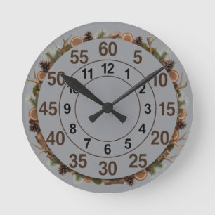 Reloj Redondo Mediano Rodajas de Madera Rústica, Piñas y Astas