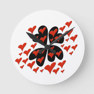 Reloj Redondo Mediano Rojo en los corazones negros