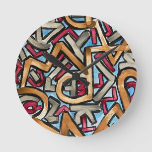 Reloj Redondo Mediano Rojo Gris Mocha Geométrico - Arte Abstracto Pintad