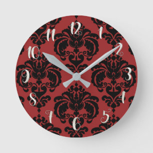 Reloj Redondo Mediano Rojo Oscuro & Negro Damasco Moderno Personalizado