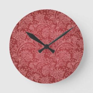 Reloj Redondo Mediano Rojo Paisley Damask Diseñador Floral Vintage Clási