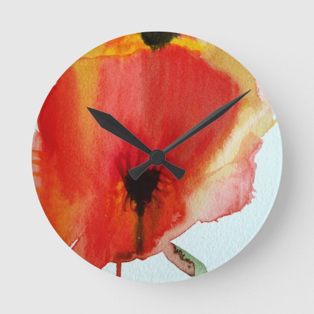 Reloj Redondo Mediano Rojo Poppies acuarela arte floral moderno (Anverso)