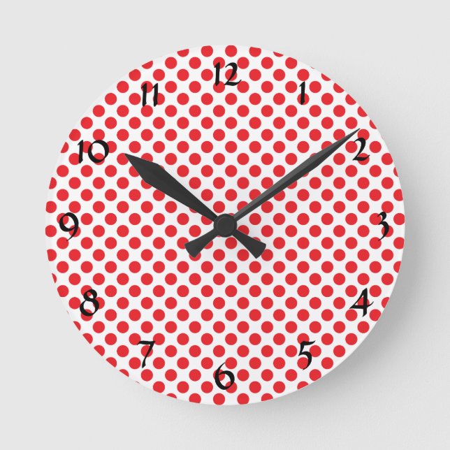 Reloj Redondo Mediano Rojo sobre Punto de Polka Blanco (Anverso)