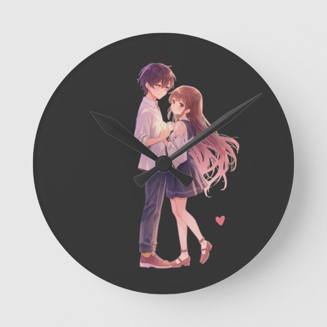 Reloj Redondo Mediano Romantic Anime Couple - Cute Aesthetic Lovers Art  (Anverso)