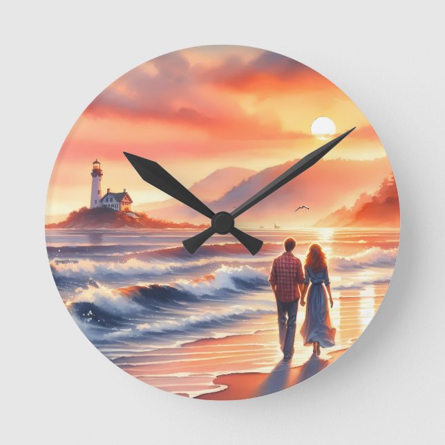 Reloj Redondo Mediano Romantic Coastal Sunset Lighthouse Walk (Anverso)