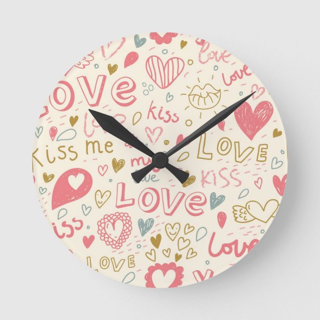Reloj Redondo Mediano Romantic Pattern with Hearts and Lips (Anverso)