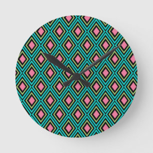 Reloj Redondo Mediano Rombos de arcoiris pasteles azul rosado negro geom