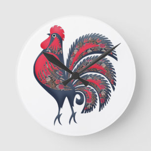 Reloj Redondo Mediano Rooster Rojo estilizado - animales de granja.  Woo