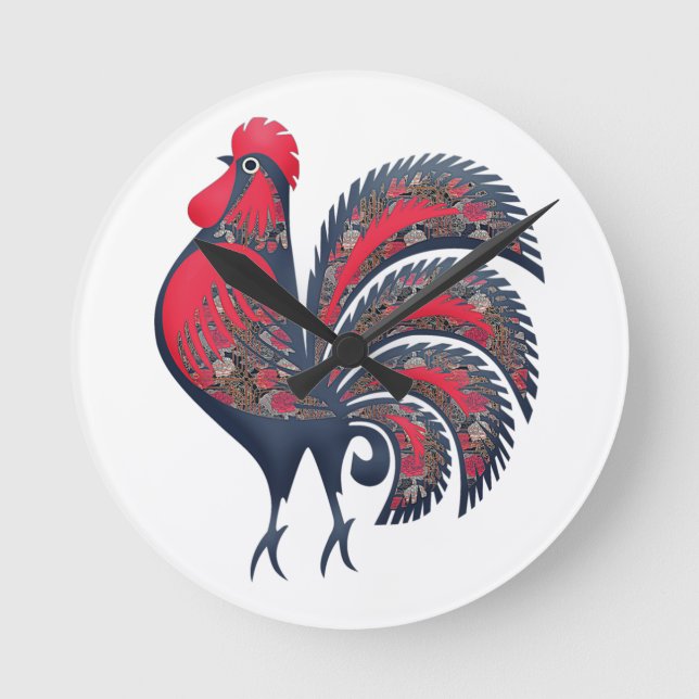 Reloj Redondo Mediano Rooster Rojo estilizado - animales de granja. Wood (Anverso)