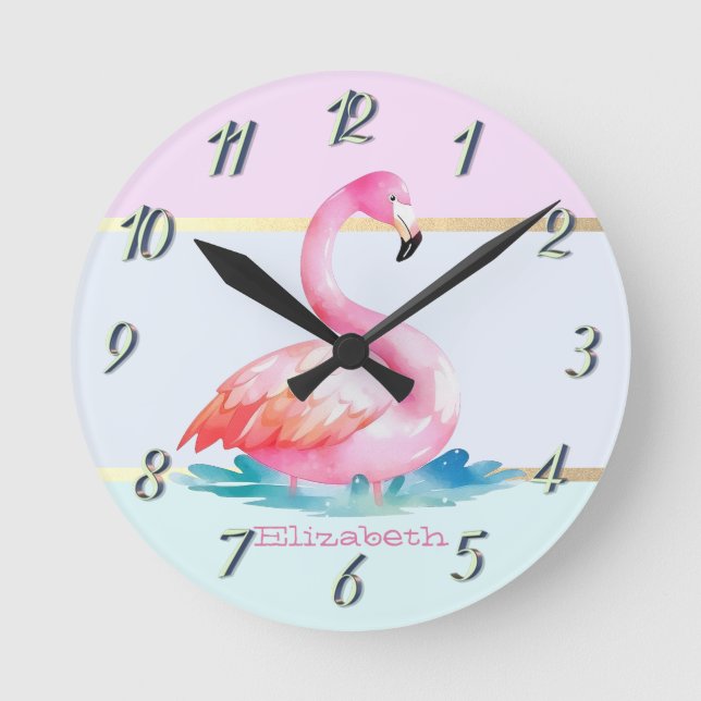 Reloj Redondo Mediano Ropa Pastel Moderna, Flamencos rosados (Anverso)