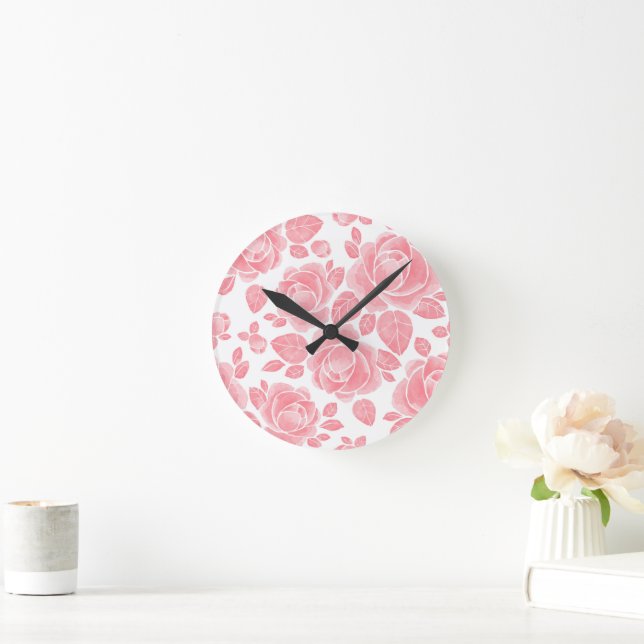 Reloj Redondo Mediano Rosa acuarela rosa - Floral romántico (Hogar)