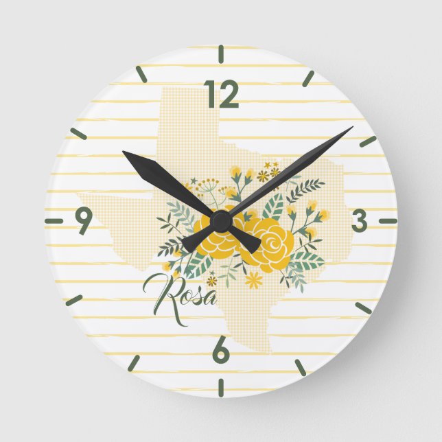 Reloj Redondo Mediano Rosa amarilla de Texas - Estado de Gingham con Ros (Anverso)