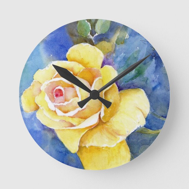 Reloj Redondo Mediano Rosa amarillo perfecto en acuarela (Anverso)