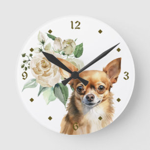 Reloj Redondo Mediano Rosa Blanca Bouquet Chihuahua Perro