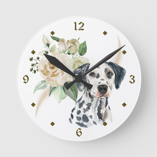 Reloj Redondo Mediano Rosa Blanca Bouquet Dalmatian Dog (Anverso)