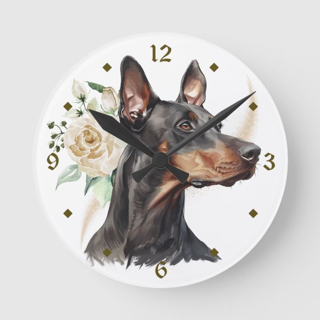 Reloj Redondo Mediano Rosa blanca Bouquet Doberman Pinscher Dog (Anverso)