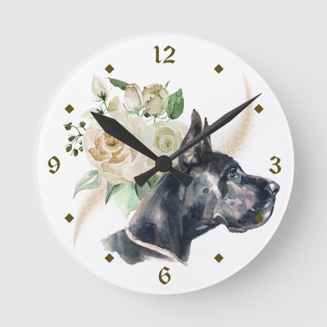 Reloj Redondo Mediano Rosa Blanca Bouquet Great Dane Dog (Anverso)