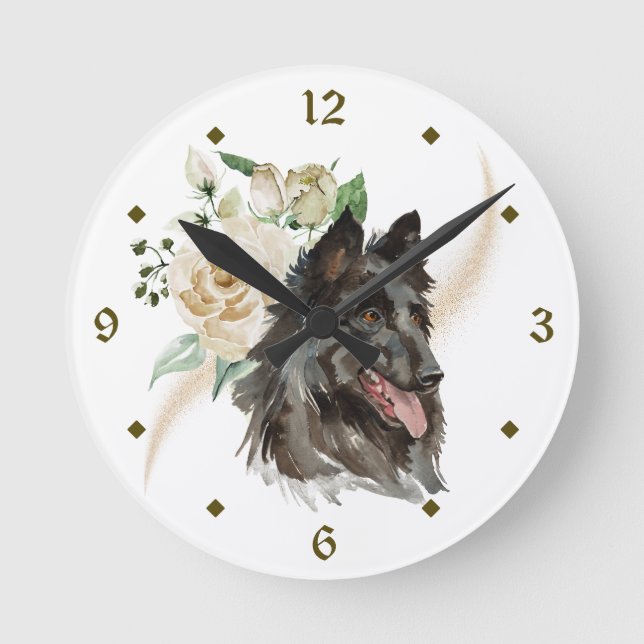 Reloj Redondo Mediano Rosa Blanca Bouquet Perro belga Tervuren (Anverso)