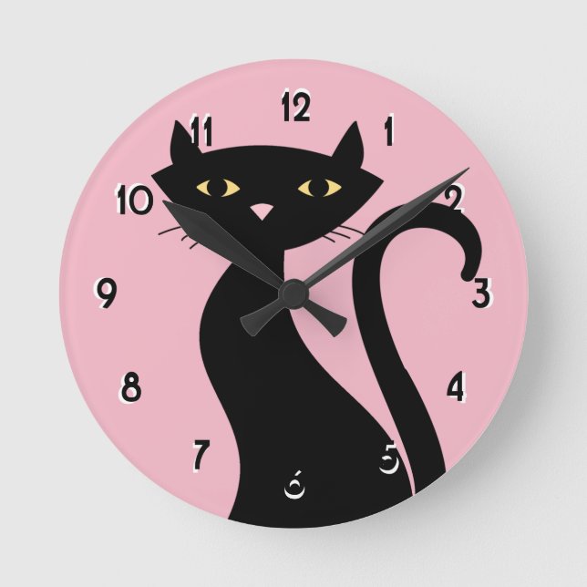 Reloj Redondo Mediano Rosa de gato negro retro (Anverso)