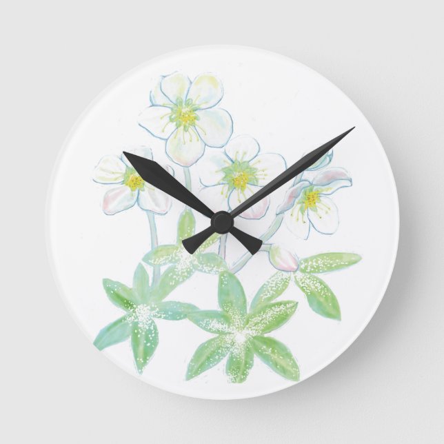 Reloj Redondo Mediano rosa de navidades, Ilustracion Helleborus niger (Anverso)