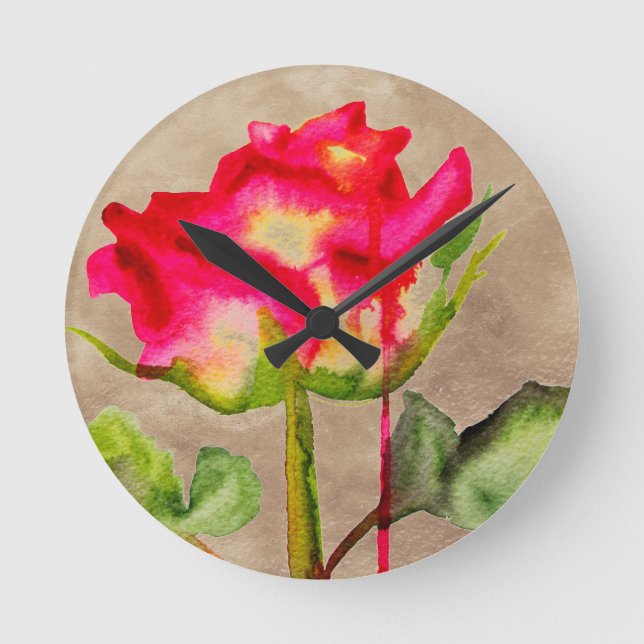 Reloj Redondo Mediano Rosa de té híbrido acuarela arte floral moderno (Anverso)