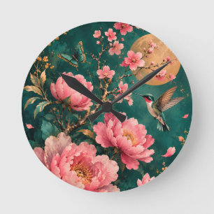 Reloj Redondo Mediano ROSA DEL JARDÍN ESmeralda DORADA COLIBRÍ