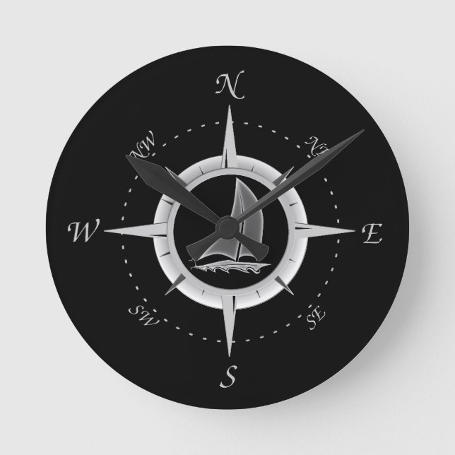Reloj Redondo Mediano Rosa del velero y de compás (Anverso)