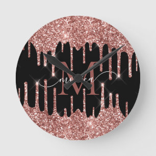 Reloj Redondo Mediano Rosa Dorado Brillo Gotea Negro Monograma Personali