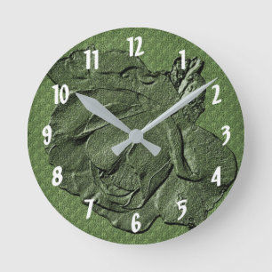 Reloj Redondo Mediano Rosa Esculpida En Arte De Flor Verde