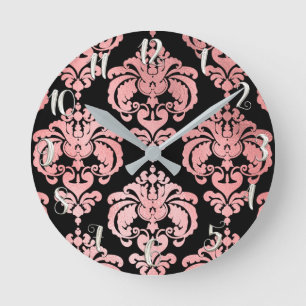 Reloj Redondo Mediano Rosa Gold Pink & Black Damask Moderno personalizad