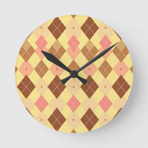 Reloj Redondo Mediano Rosa Marrón Cálido Patrón de Argyle
