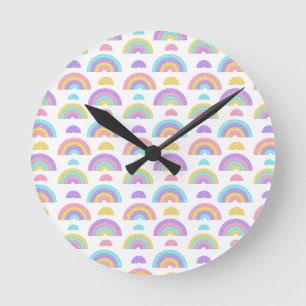 Reloj Redondo Mediano Rosa mínimo, Lavanda y arcoiris cúbico amarillo