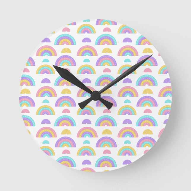 Reloj Redondo Mediano Rosa mínimo, Lavanda y arcoiris cúbico amarillo (Anverso)